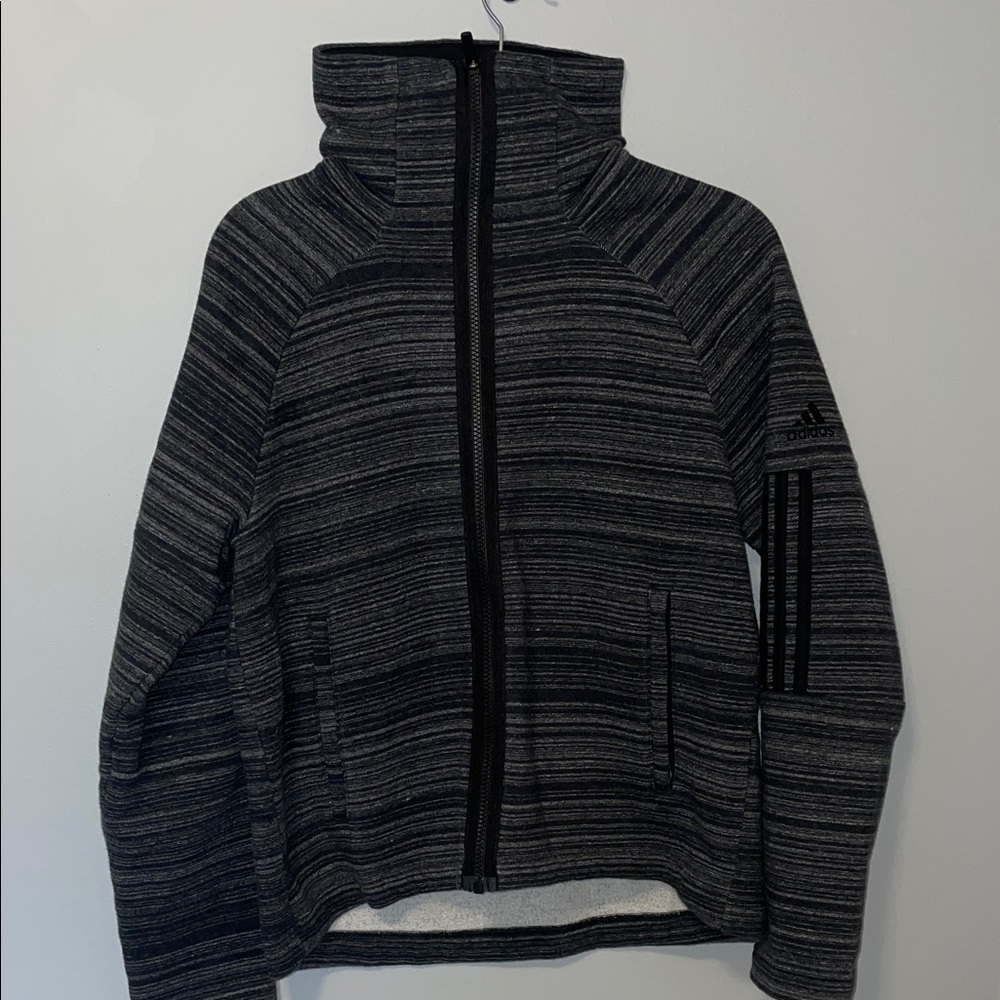 adidas Black and Gray Striped Zip-Up Jacket